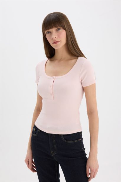 Slim Fit Dar Kesim Yuvarlak Yaka Basic Düz Fitilli Kaşkorse Kısa Kollu Tişört