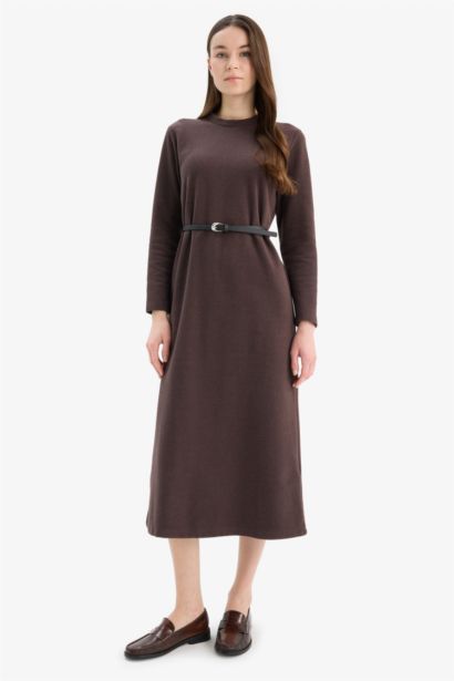 Regular Fit Crew Neck Basic Belted Long Sleeve Midi Dress
