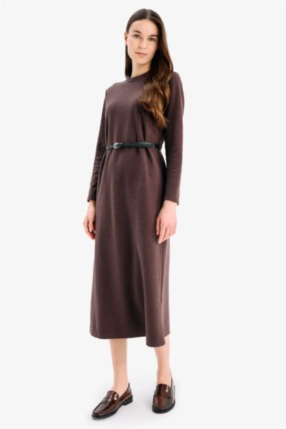 Regular Fit Crew Neck Basic Belted Long Sleeve Midi Dress
