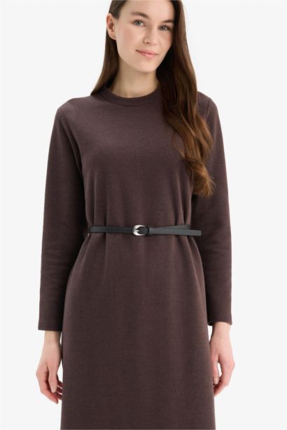 Regular Fit Crew Neck Basic Belted Long Sleeve Midi Dress