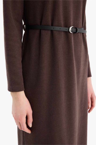 Regular Fit Crew Neck Basic Belted Long Sleeve Midi Dress