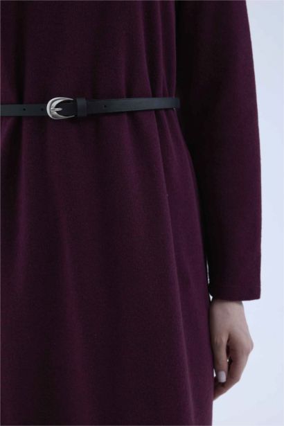 Regular Fit Crew Neck Belted Selanik Fabric Maxi Dress