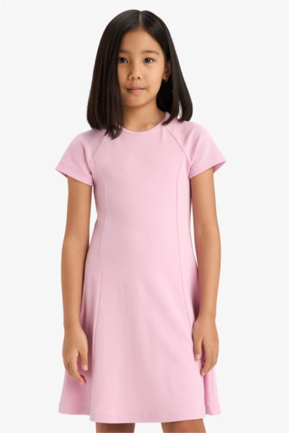 Платье для девочек с круглым вырезом в стиле А-силуэта с ребристым узором, с коротким рукавом
