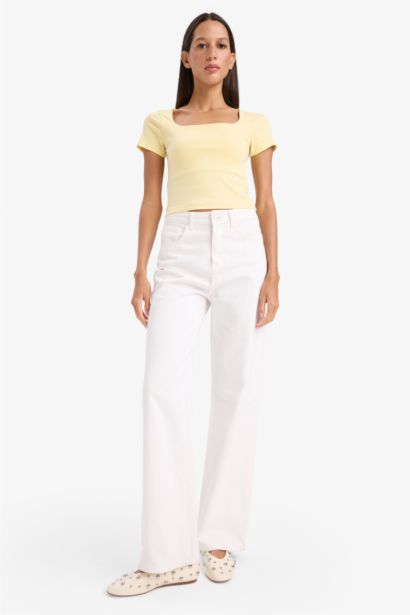 Slım Fıt Kare Yaka Fitilli Kaşkorse Kısa Kollu Tişört