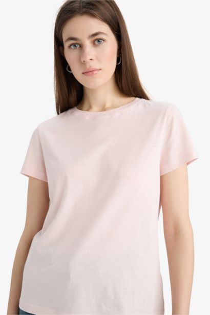 T-shirt basique en coton peigné à col rond et manches courtes Coupe régulière