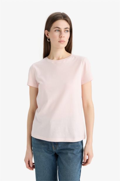 T-shirt basique en coton peigné à col rond et manches courtes Coupe régulière