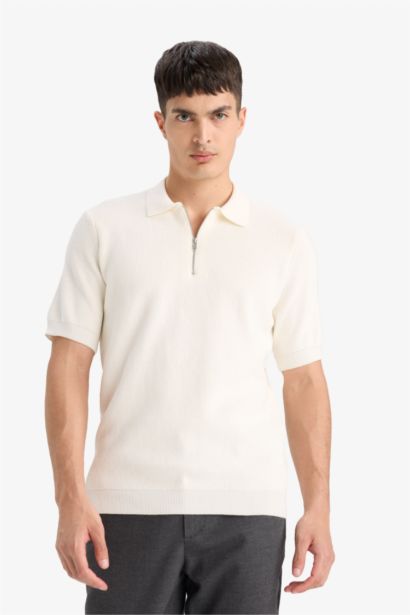 Cotton Standard Fit Half Zipper Knitted Polo Shirt