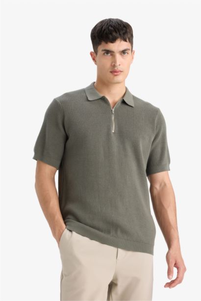 Cotton Standard Fit Half Zipper Knitted Polo Shirt