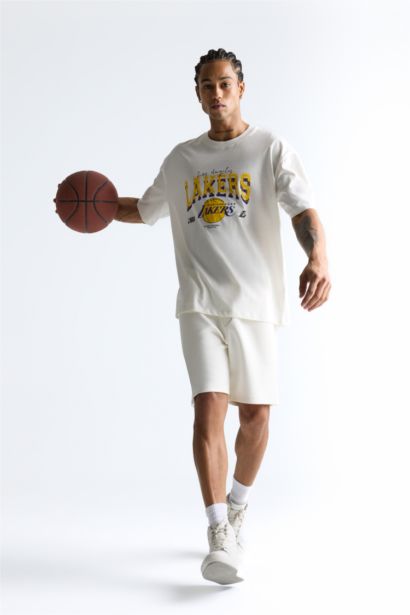 %100 Pamuk NBA Los Angeles Lakers Oversize Geniş Kalıp Bisiklet Yaka Kısa Kollu Tişört