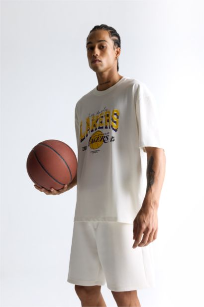 %100 Pamuk NBA Los Angeles Lakers Oversize Geniş Kalıp Bisiklet Yaka Kısa Kollu Tişört