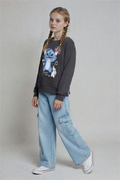 %100 Pamuk Wide Leg Kargo Geniş Paça Jean Pantolon Kız Çocuk