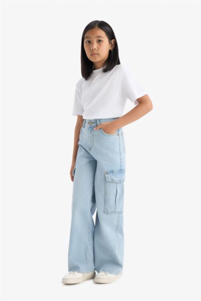 %100 Pamuk Wide Leg Kargo Geniş Paça Jean Pantolon Kız Çocuk