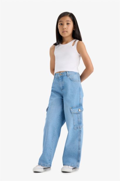 %100 Pamuk Wide Leg Kargo Geniş Paça Jean Pantolon Kız Çocuk