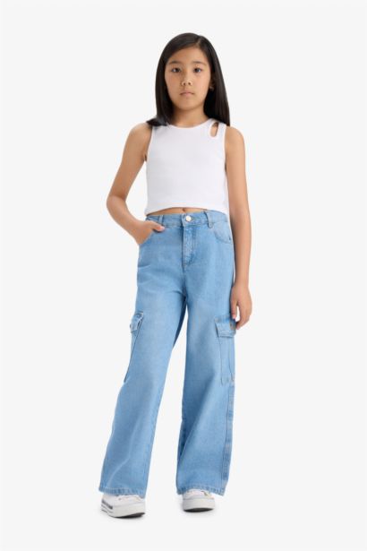 %100 Pamuk Wide Leg Kargo Geniş Paça Jean Pantolon Kız Çocuk
