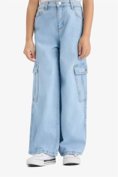 %100 Pamuk Wide Leg Kargo Geniş Paça Jean Pantolon Kız Çocuk
