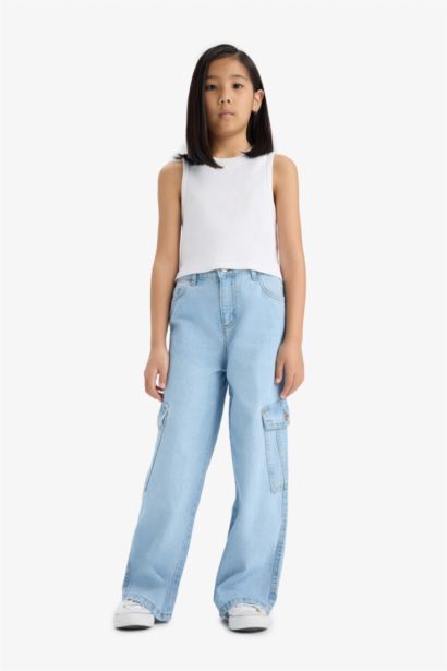 %100 Pamuk Wide Leg Kargo Geniş Paça Jean Pantolon Kız Çocuk