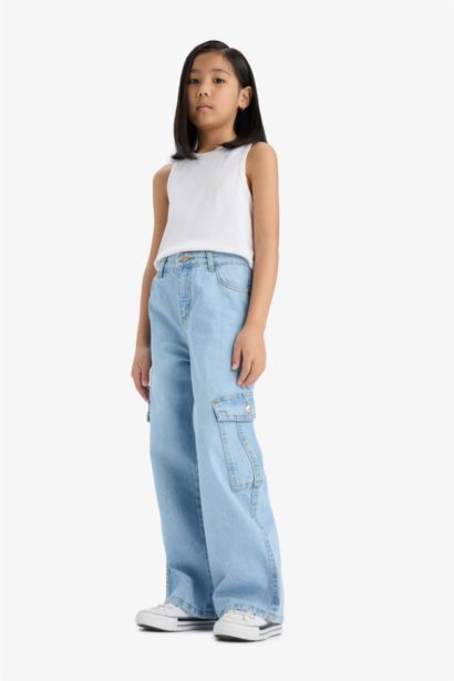 %100 Pamuk Wide Leg Kargo Geniş Paça Jean Pantolon Kız Çocuk