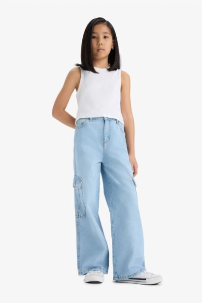 %100 Pamuk Wide Leg Kargo Geniş Paça Jean Pantolon Kız Çocuk