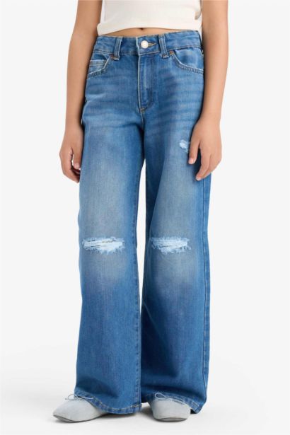 بنطلون جينز بناتي وايد ليج برجل عريض ممزق