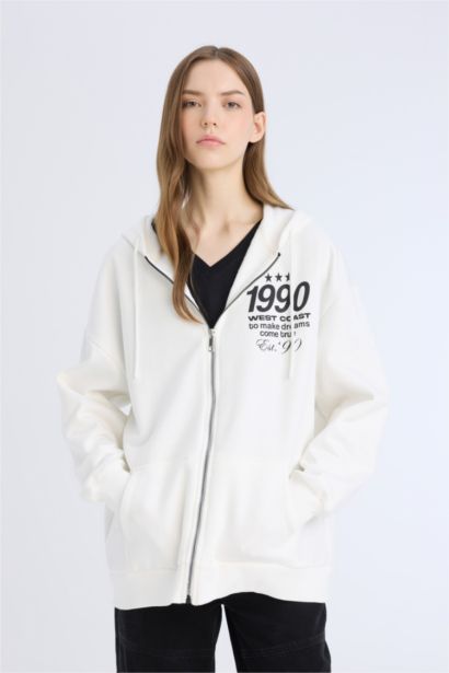 Oversize Geniş Kalıp Kapüşonlu Baskılı Fermuarlı Kalın Sweatshirt