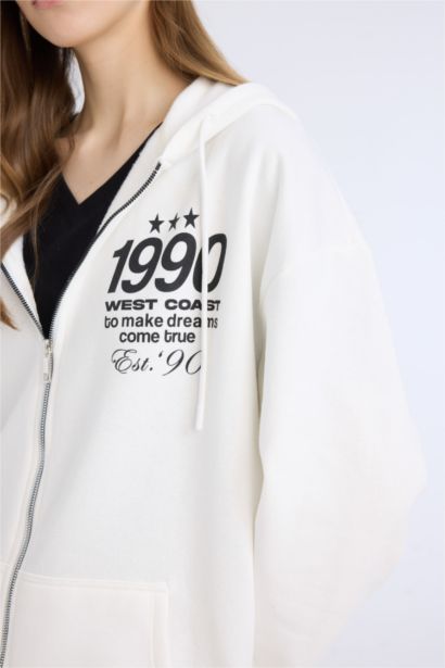 Oversize Geniş Kalıp Kapüşonlu Baskılı Fermuarlı Kalın Sweatshirt