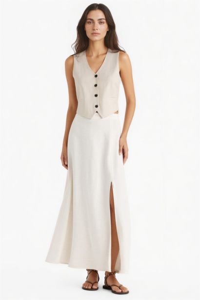 A Cut Regular Waist Linen Blend Maxi Skirt