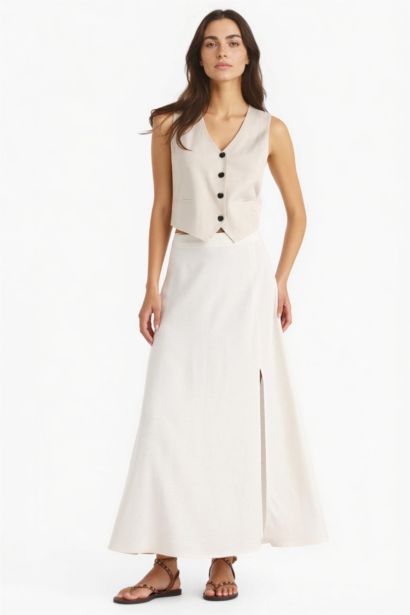 A Cut Regular Waist Linen Blend Maxi Skirt