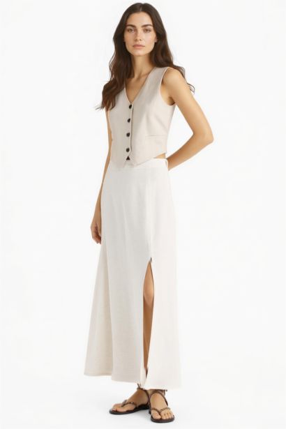 A Cut Regular Waist Linen Blend Maxi Skirt