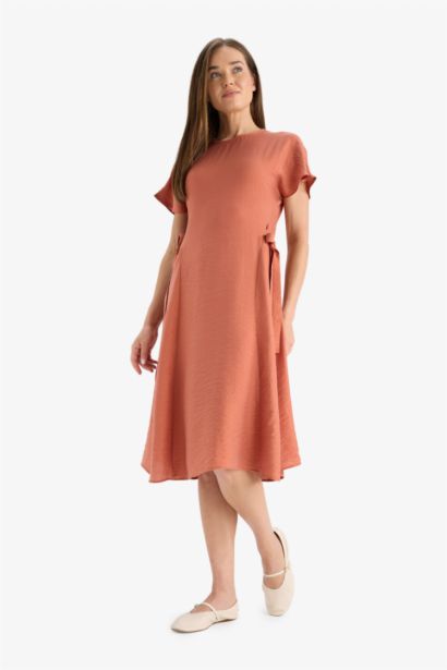 Round Neck Batwing Side Tie Detail Midi Dress