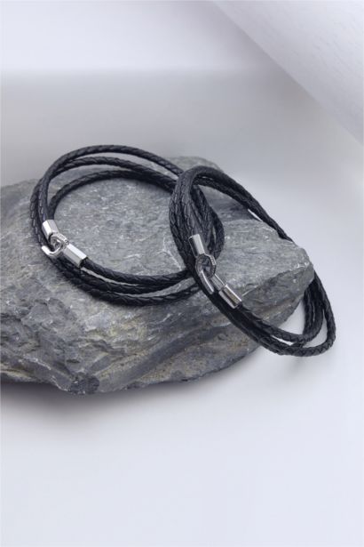 AtolyeWolf x DeFacto Man Silver Leather Steel Piece Bracelet