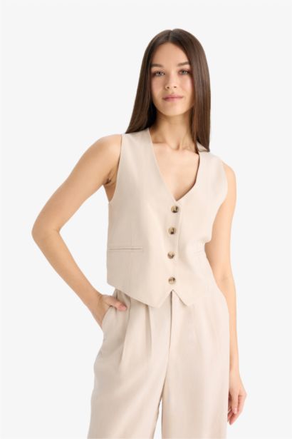 V-Neck Linen Blend Blazer Vest