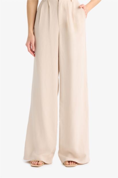 Wide Leg Keten Karışımlı Pantolon Normal Bel Geniş Paça Cepli Fermuarlı Standart Boy