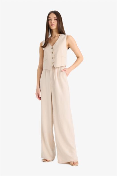 Wide Leg Keten Karışımlı Pantolon Normal Bel Geniş Paça Cepli Fermuarlı Standart Boy