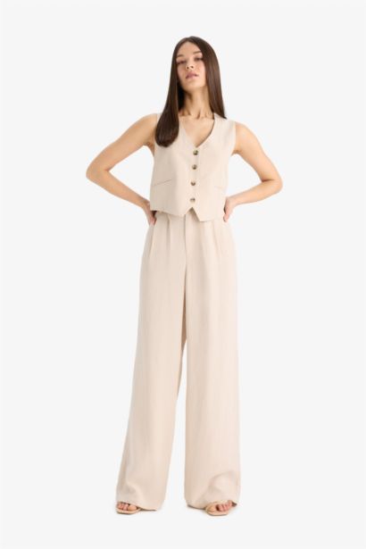 Wide Leg Zippered Normal Waist Linen Blend Trousers