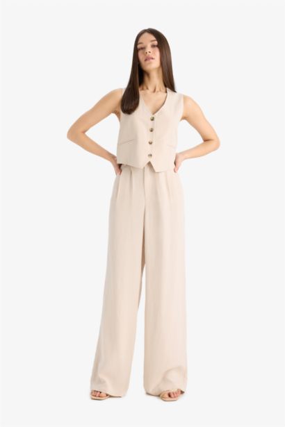 Wide Leg Keten Karışımlı Pantolon Normal Bel Geniş Paça Cepli Fermuarlı Standart Boy