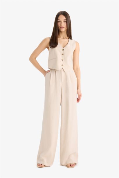 Wide Leg Keten Karışımlı Pantolon Normal Bel Geniş Paça Cepli Fermuarlı Standart Boy