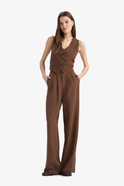 Wide Leg Fermuarlı Normal Bel Standart Boy Geniş Paça Keten Karışımlı Palazzo Pantolon