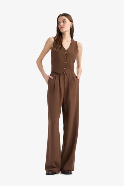 Wide Leg Fermuarlı Normal Bel Standart Boy Geniş Paça Keten Karışımlı Palazzo Pantolon