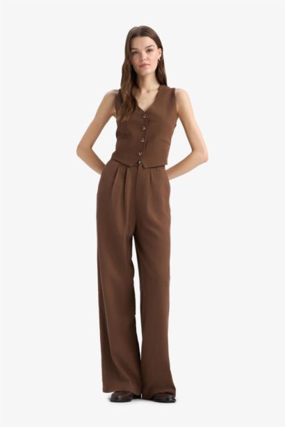 Wide Leg Fermuarlı Normal Bel Standart Boy Geniş Paça Keten Karışımlı Palazzo Pantolon