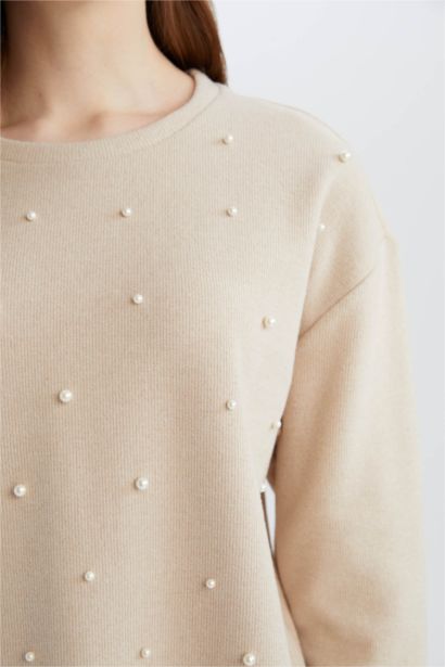 Regular Fıt Bisiklet Yaka Selanik Kumaş Uzun Kollu Tişört