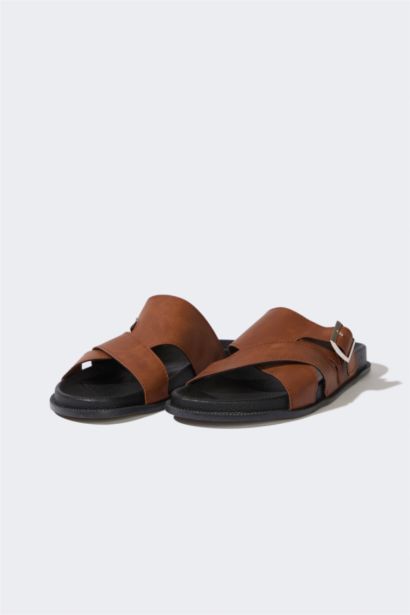 Boy Flat Sole Double Band Faux Leather Slippers