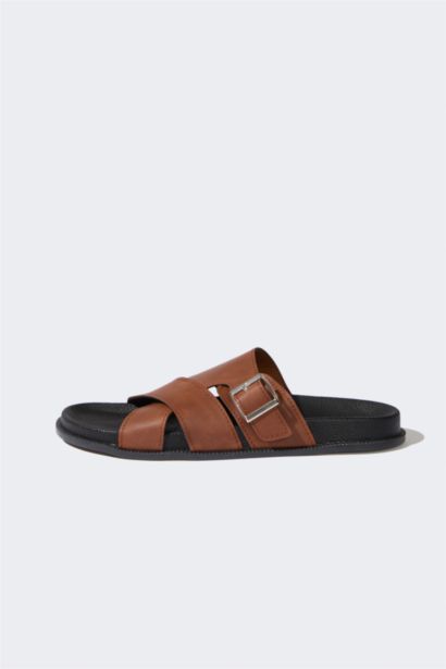 Boy Flat Sole Double Band Faux Leather Slippers