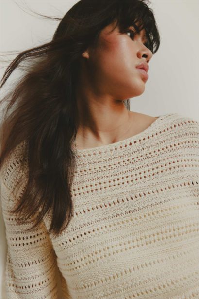 Oversize Fit Pattern Boat Neck Openwork Knit Pullover