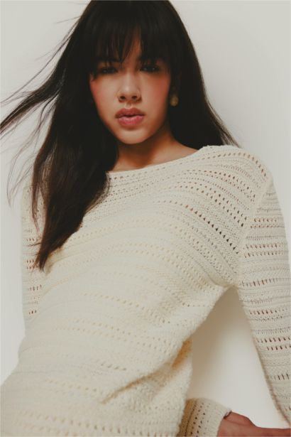 Oversize Fit Pattern Boat Neck Openwork Knit Pullover