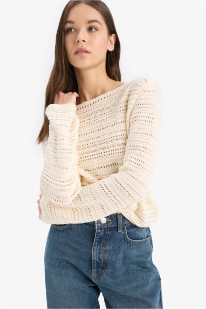 Oversize Fit Pattern Boat Neck Openwork Knit Pullover