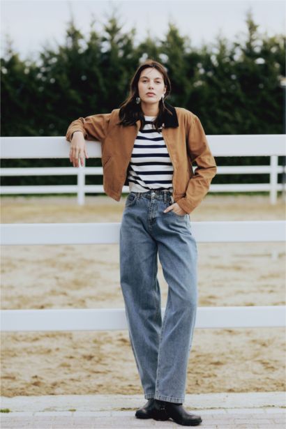 %100 Pamuk Regular Fıt Kontrast Yakalı Fermuarlı Cepli Ceket Mont