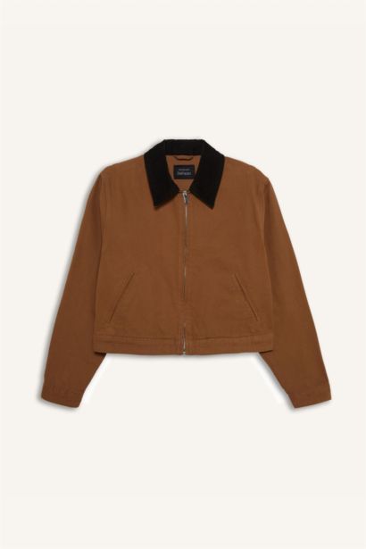 %100 Pamuk Regular Fıt Kontrast Yakalı Fermuarlı Cepli Ceket Mont