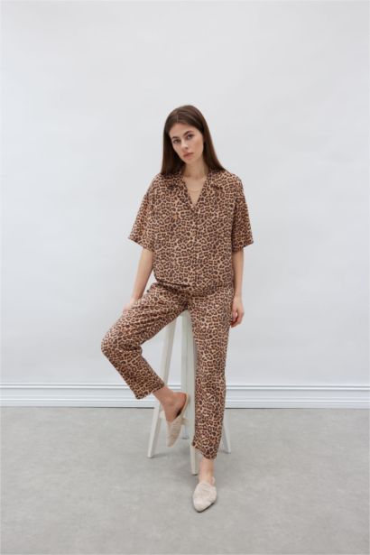 Carrot Fit Leopard Modal High Waist Straight Leg Trousers