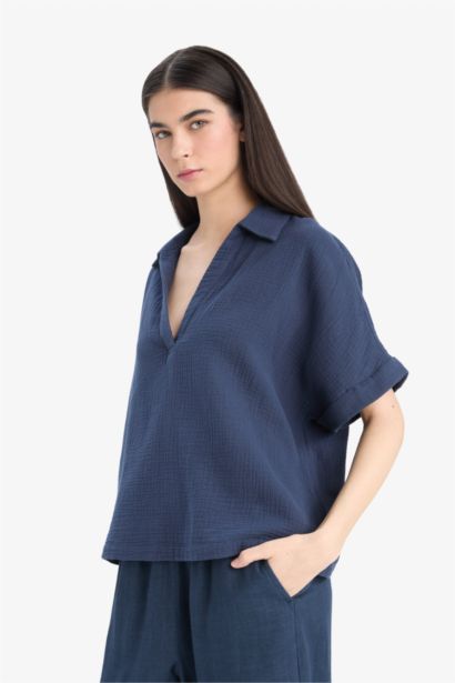 Regular Fit Flap Collar Short Sleeve Blouse
