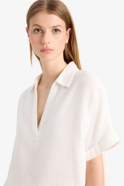 Regular Fit Flap Collar Short Sleeve Blouse
